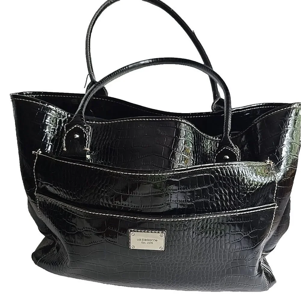 LIZ CLAIBORNE Embossed Faux Crocodile Black Purse Tote Shoulder Bag 14x10x5 EUC